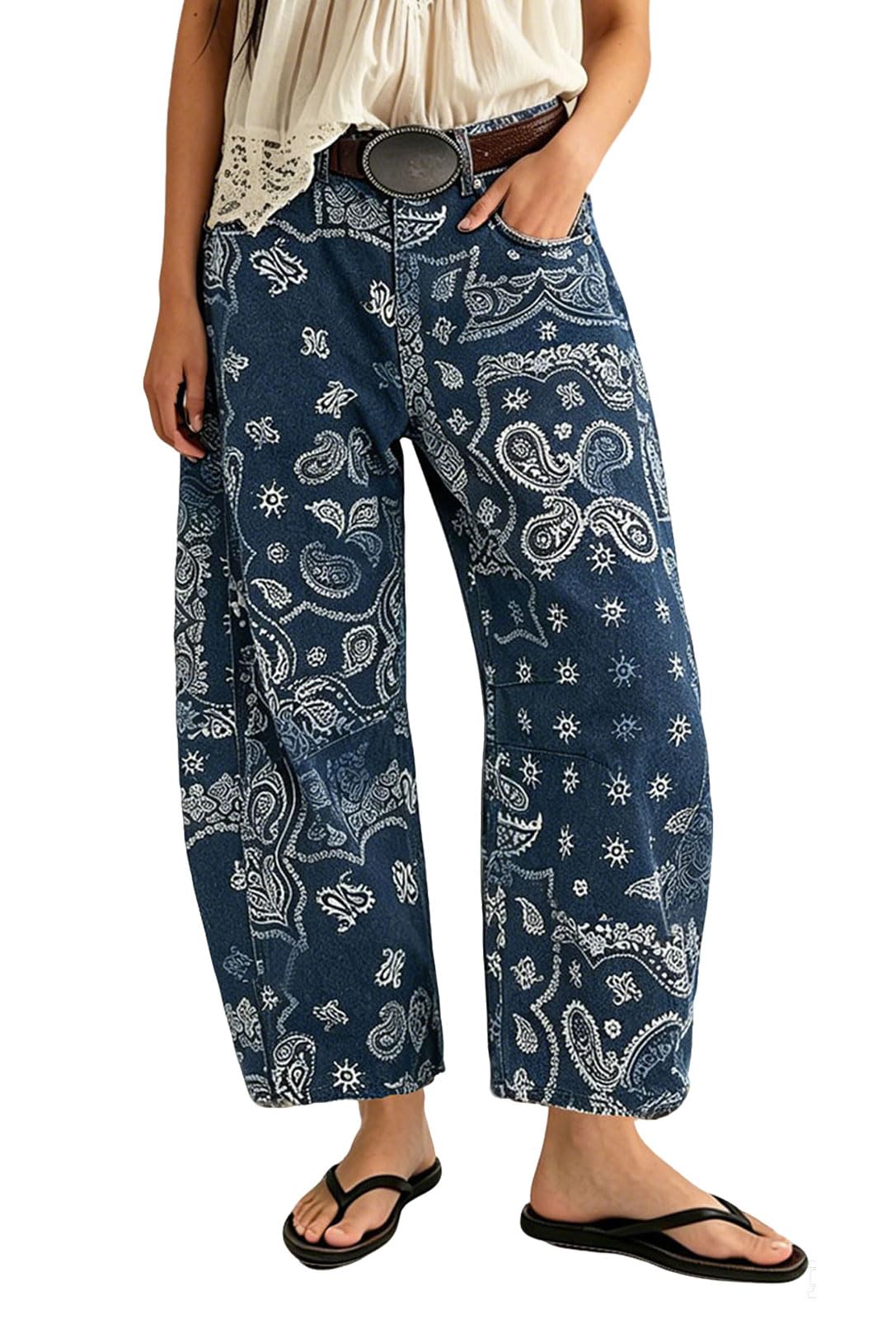 loveimgs Women Boyfriend Baggy Barrel Jeans Floral Print Denim Ankle Pants Wide Leg Mid Rise Jeans Sweatpants Y2k Patchwork