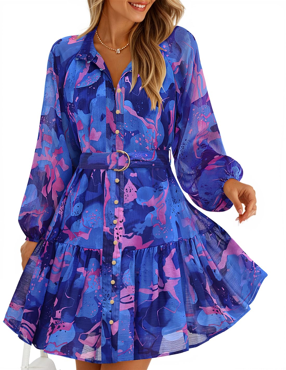 ZESICA Womens 2026 Fall Long Sleeve Floral Mini Dress