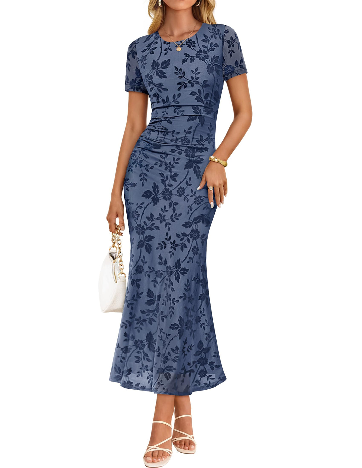 ZESICA Women Summer 2026 Floral Short Sleeve Bodycon Mesh Maxi Formal Dress