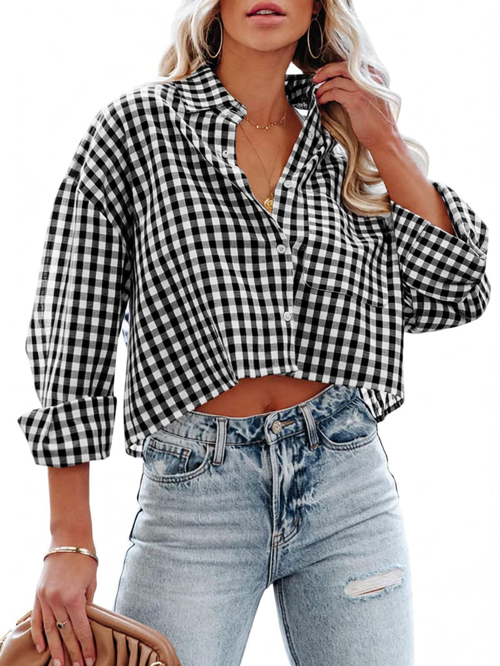 Tankaneo Womens Button Down Cropped Shirts Long Sleeve Crop Tops Blouses