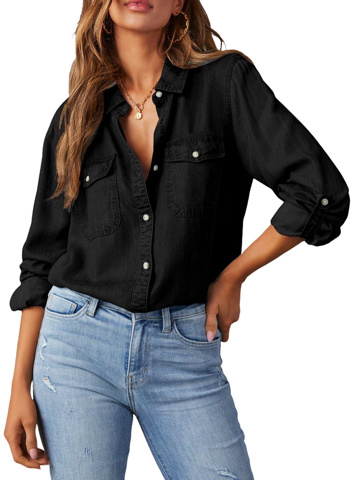 Astylish Women Denim Button Down Shirts Chambray Blouse Top