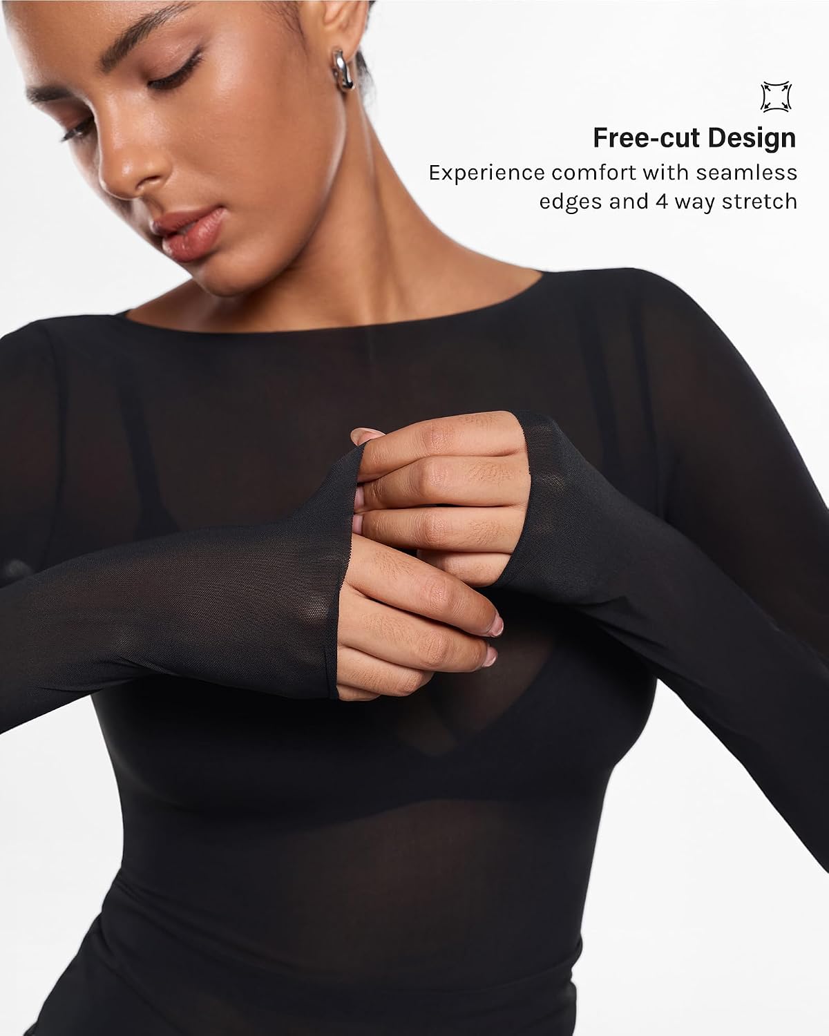 INLYRIC Women's Mesh Sheer Boat Neck Long Sleeve Tops