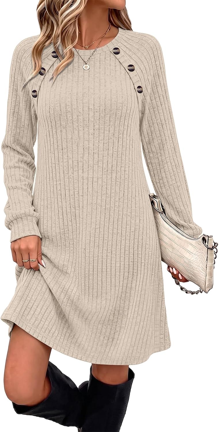 OFEEFAN Fall Dresses for Women 2026 Long Sleeve Dress with Pockets