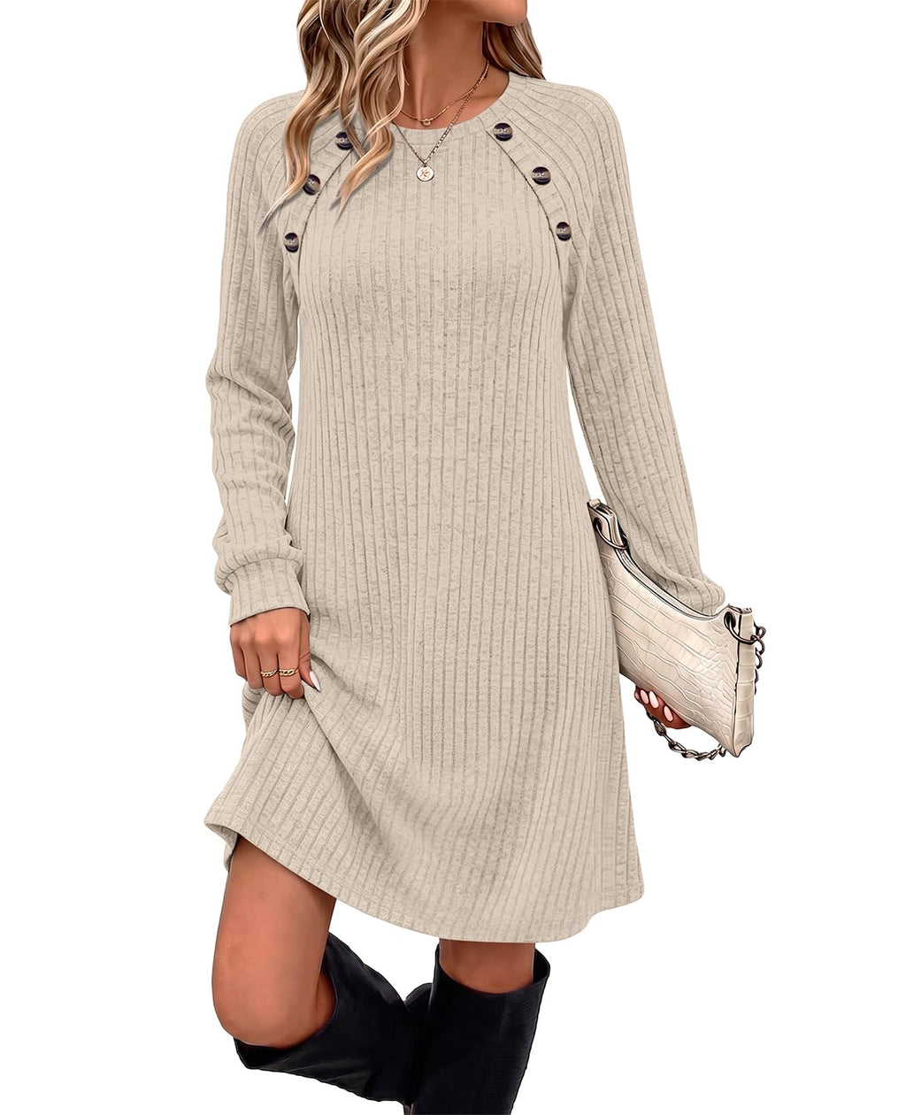 OFEEFAN Fall Dresses for Women 2026 Long Sleeve Dress with Pockets