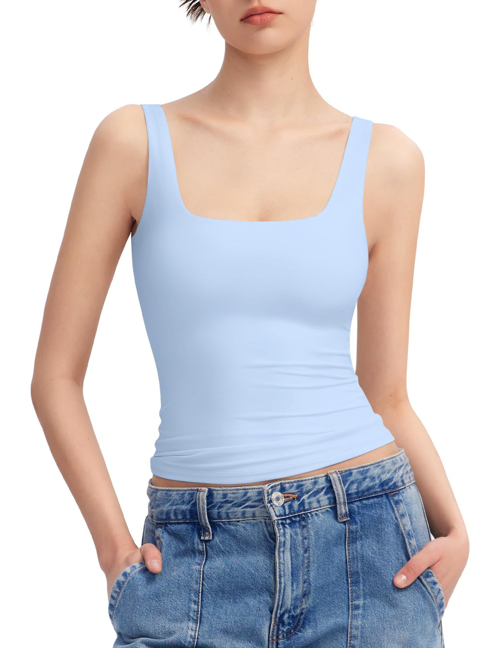 PUMIEY Women's Square Neck Tank Top Sleeveless Double Lined Basic Tops Sharp Collection
