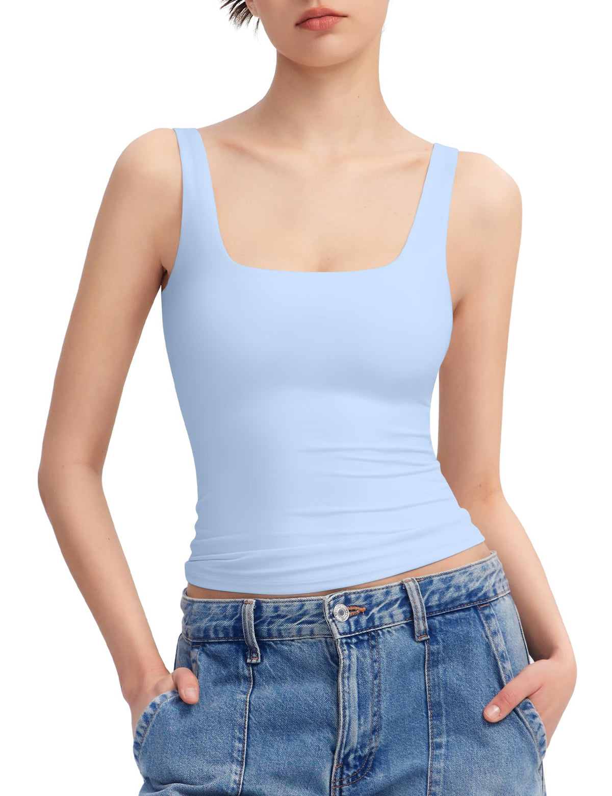 PUMIEY Women's Square Neck Tank Top Sleeveless Double Lined Basic Tops Sharp Collection