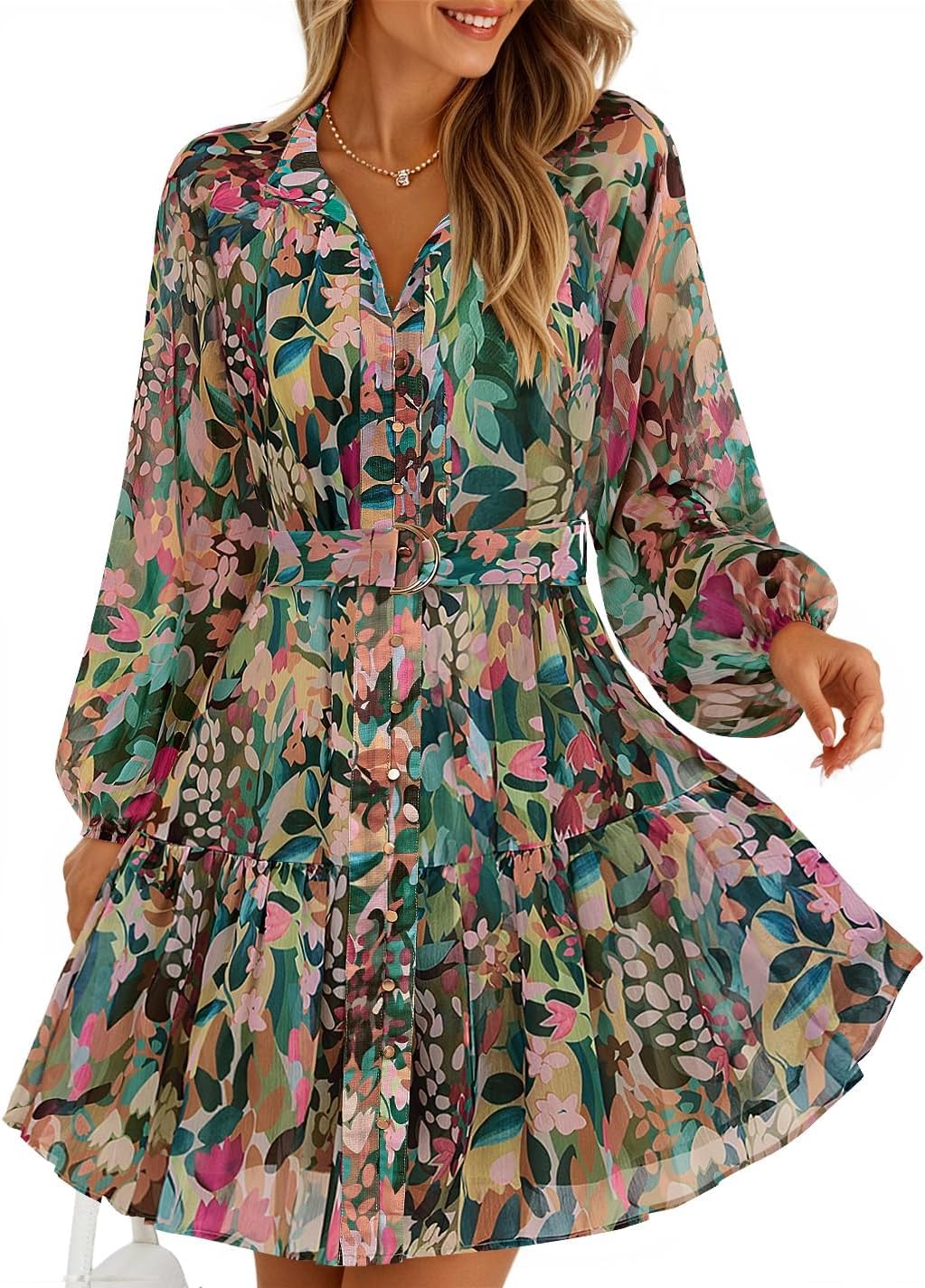 ZESICA Womens 2026 Fall Long Sleeve Floral Mini Dress