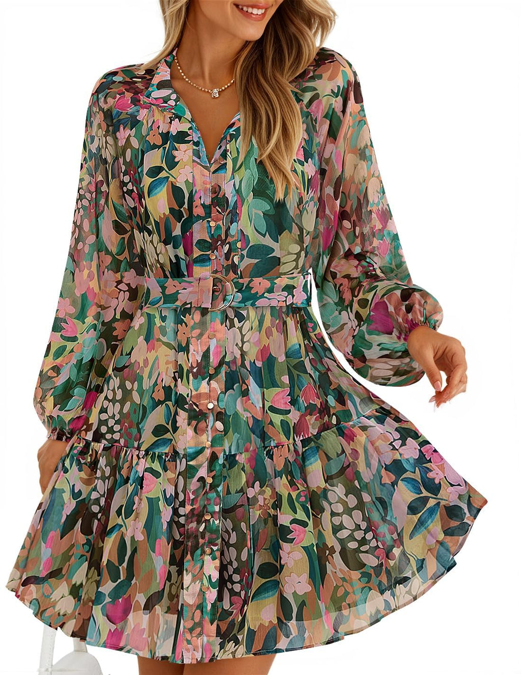 ZESICA Womens 2026 Fall Long Sleeve Floral Mini Dress