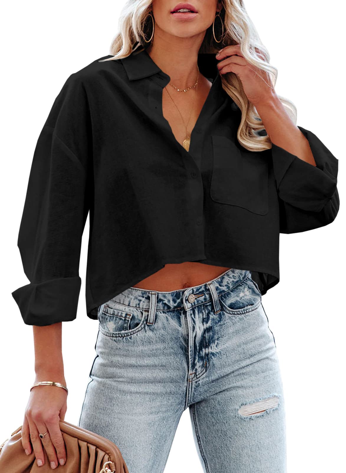 Tankaneo Womens Button Down Cropped Shirts Long Sleeve Crop Tops Blouses