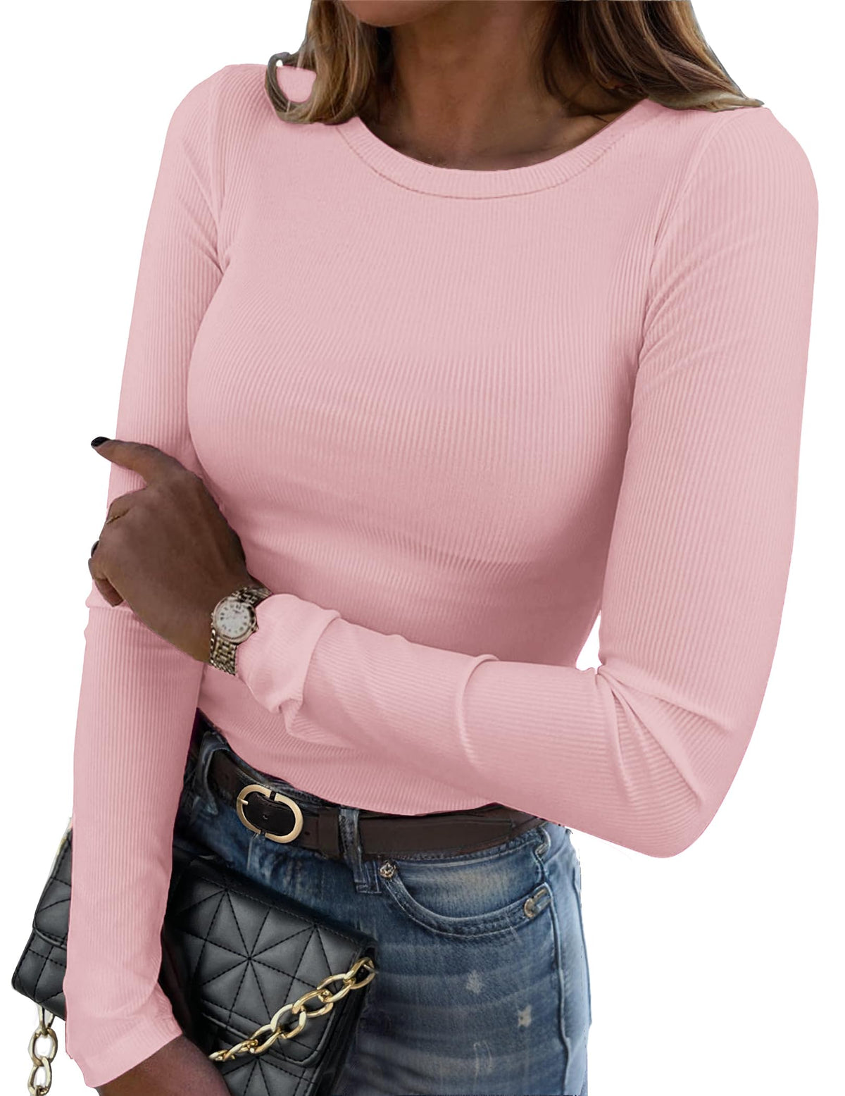 Zeagoo Women Long Sleeve Shirts Ribbed Slim Fit Tops Crewneck Basic Tee