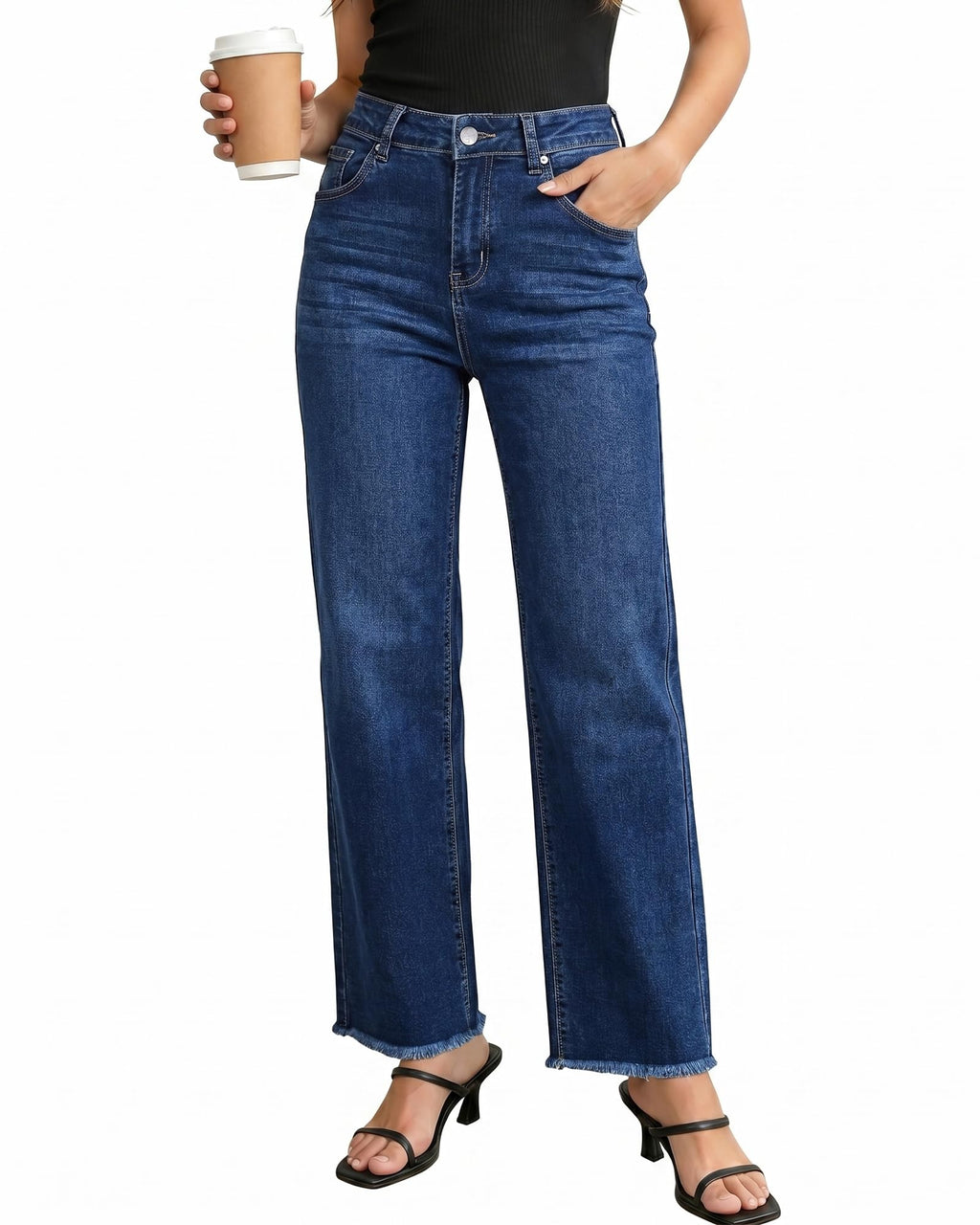 GRAPENT Straight Leg Jeans for Women High Waisted Stretchy Frayed Raw Hem Loose Denim Pants Casual Baggy Jean Trousers