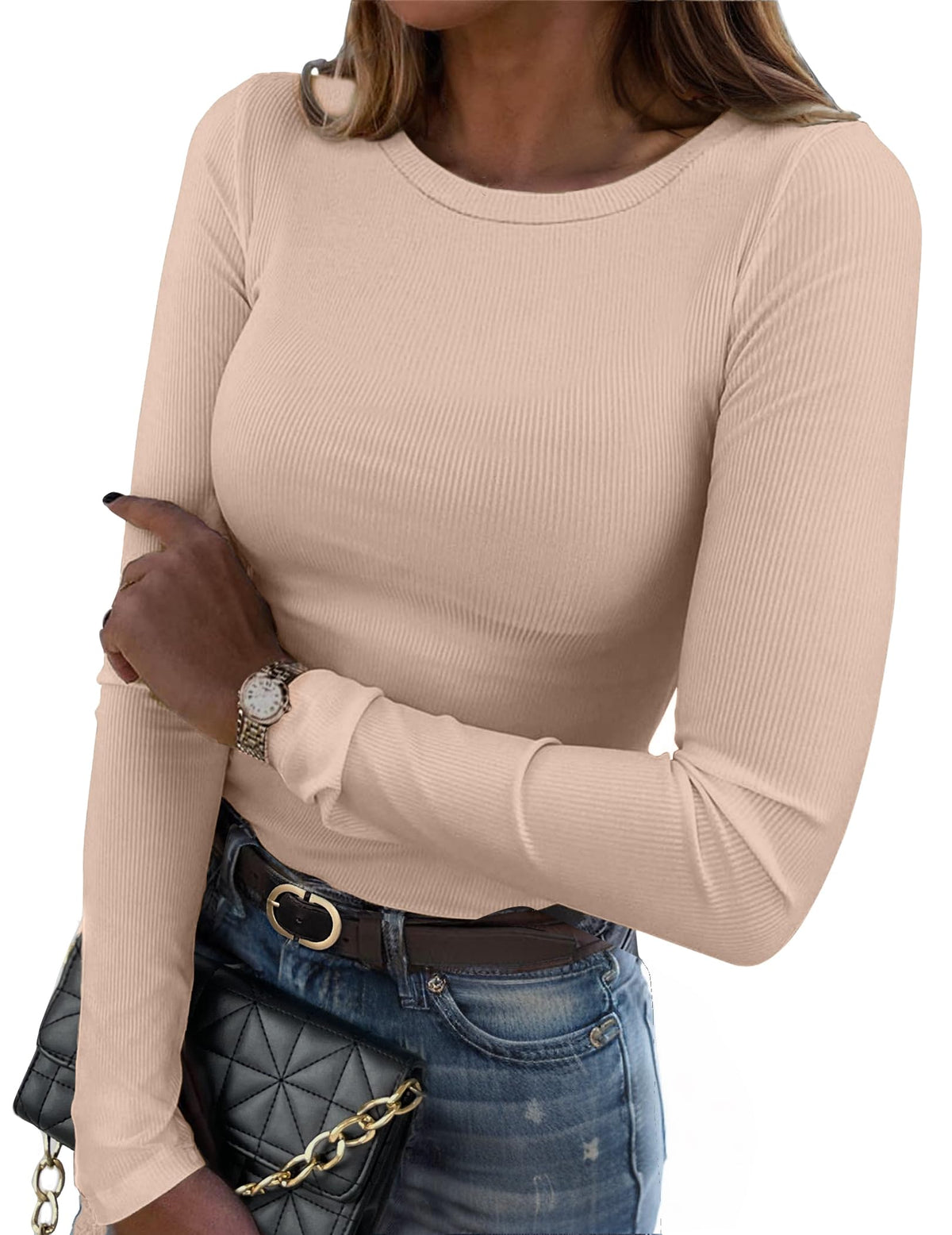 Zeagoo Women Long Sleeve Shirts Ribbed Slim Fit Tops Crewneck Basic Tee