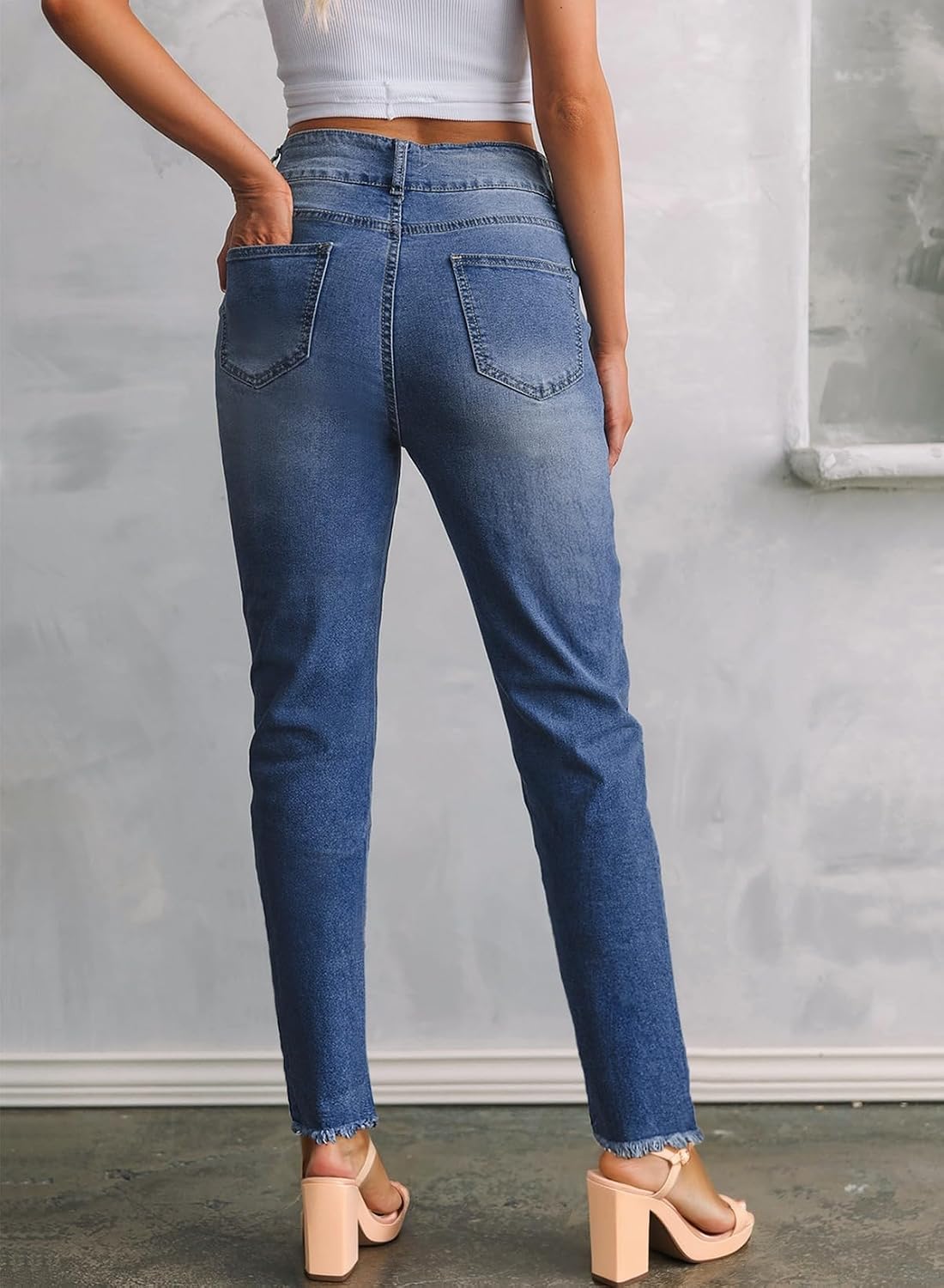 Sidefeel Women's High Waisted Raw Hem Straight Leg Jeans