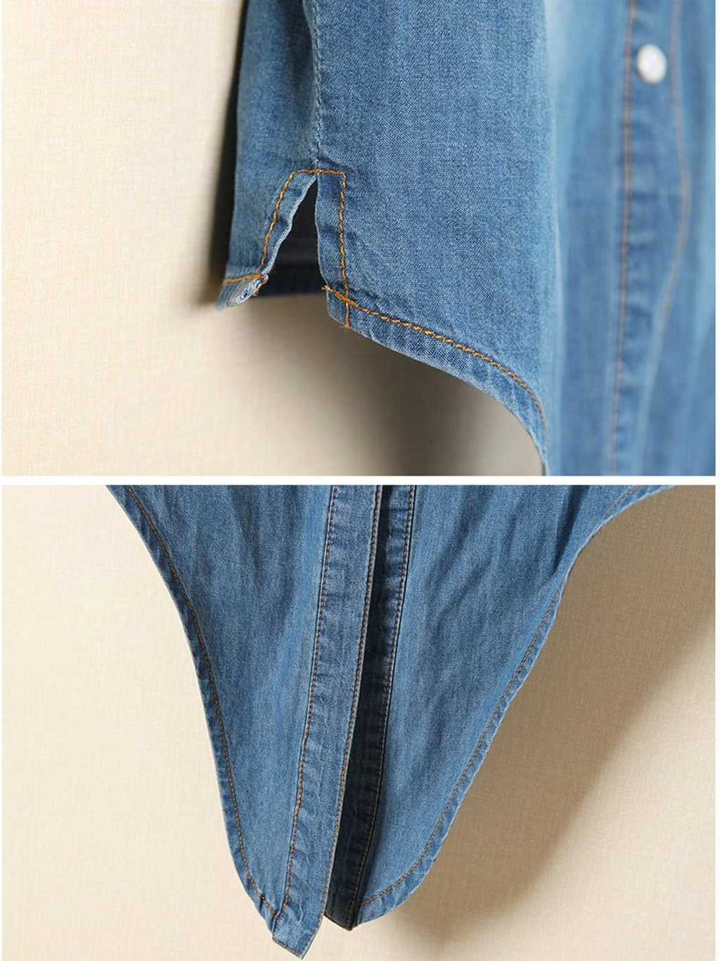 Women's Denim Shirt Roll Up 3/4 Sleeve Tie Front Knot Chambray Crop Top