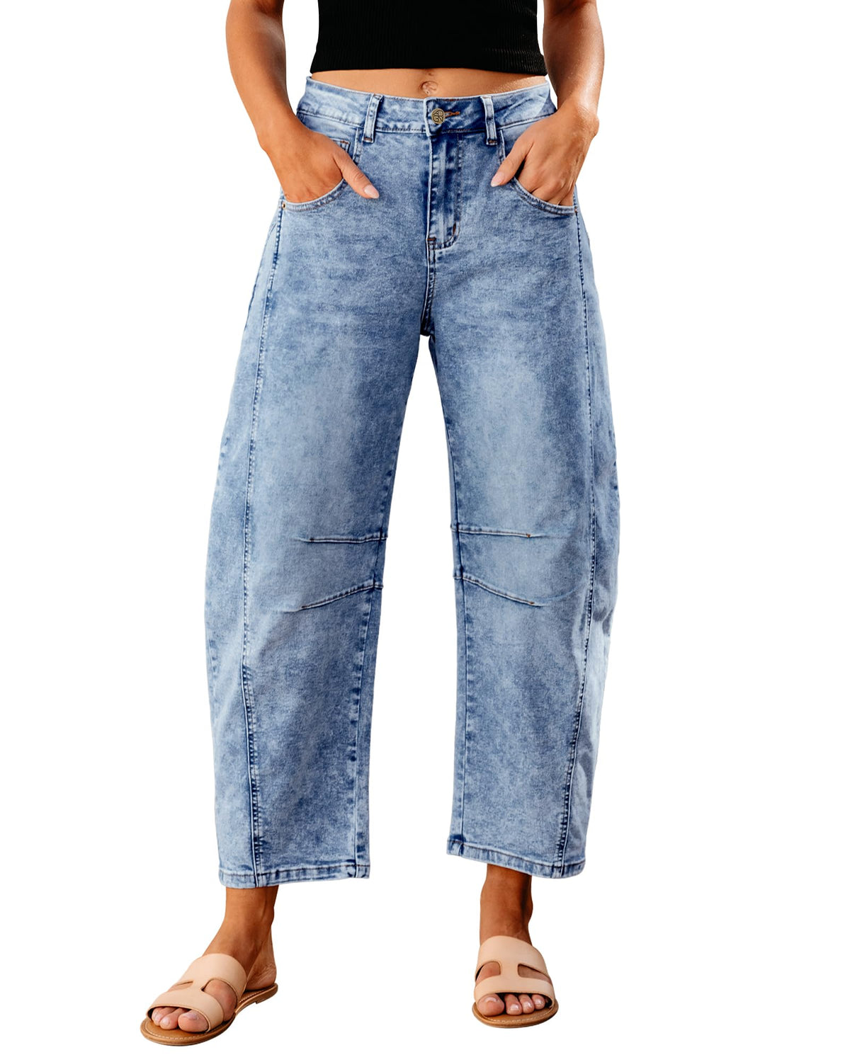 GRAPENT Barrel Jeans for Women High Waist Baggy Cropped Stretch Denim Pants