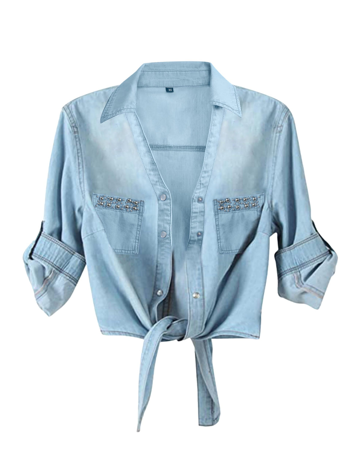 Women's Denim Shirt Roll Up 3/4 Sleeve Tie Front Knot Chambray Crop Top