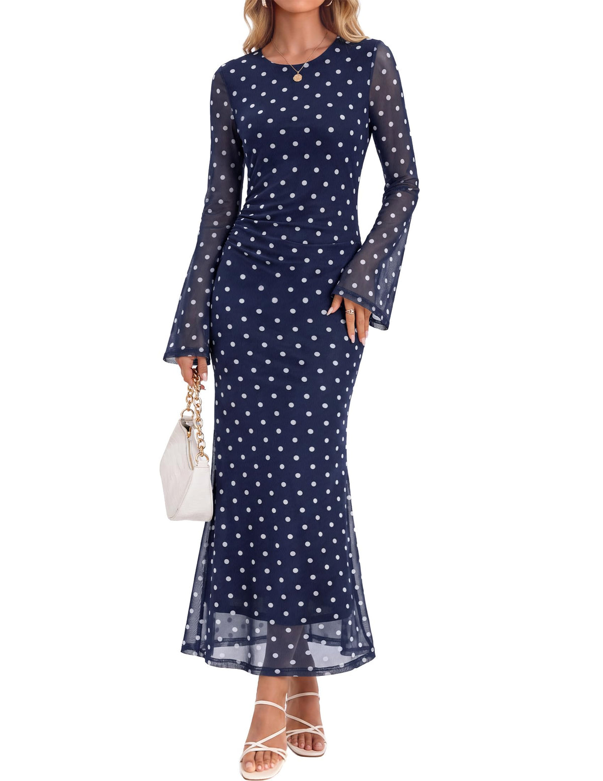 ZESICA Womens Long Sleeve Floral Fall Bodycon Ruched Mesh Maxi Formal Dress