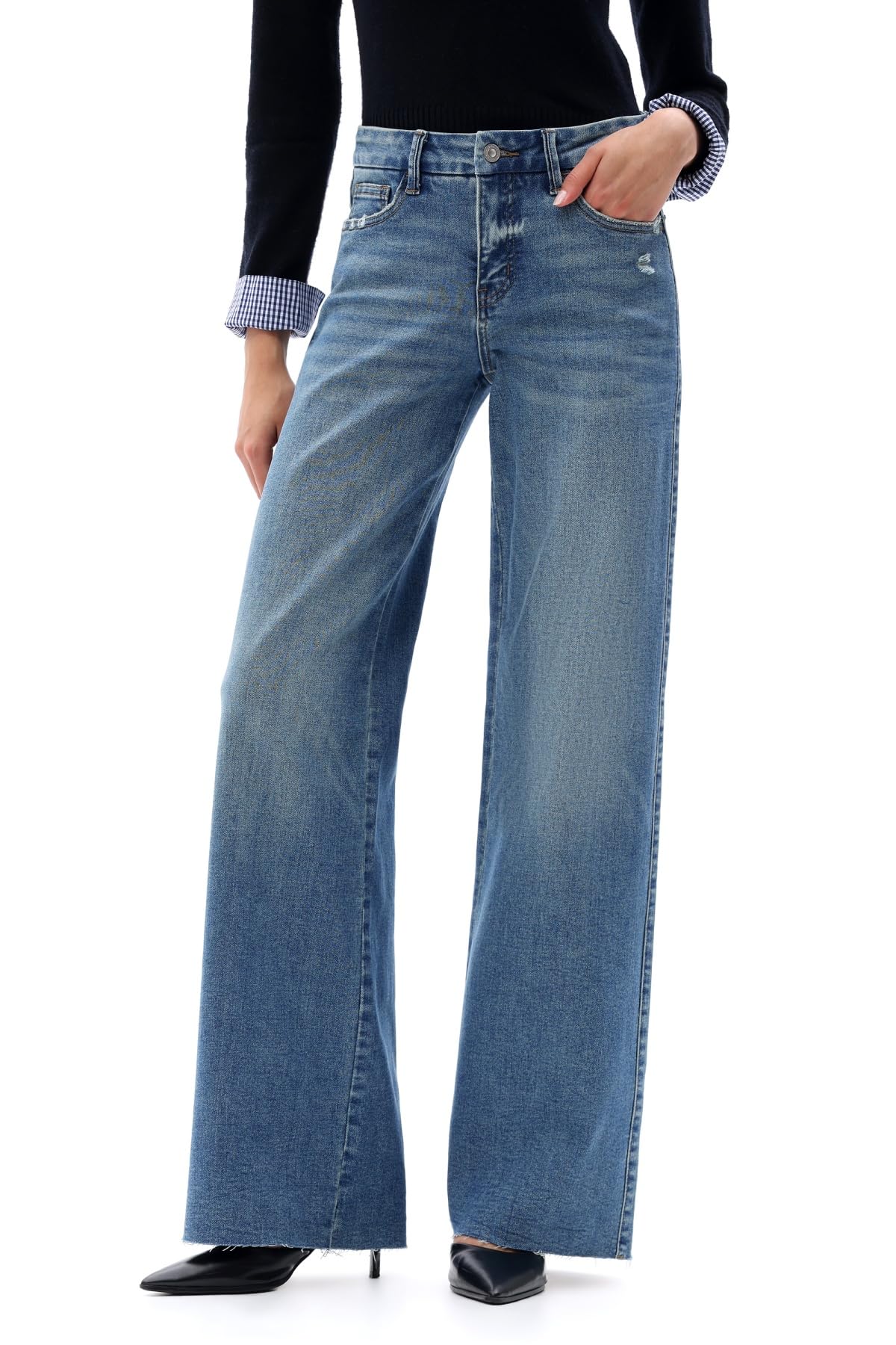 ONESO Women's Wide Leg Jeans Mid Rise High Stretch Denim Pants Raw Hem
