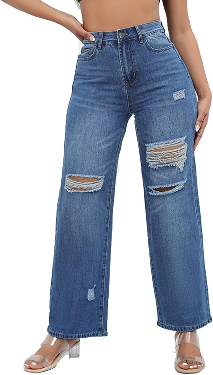 THUNDER STAR Womens High Waisted Wide Leg Jeans Stretchy Distressed Denim Pants