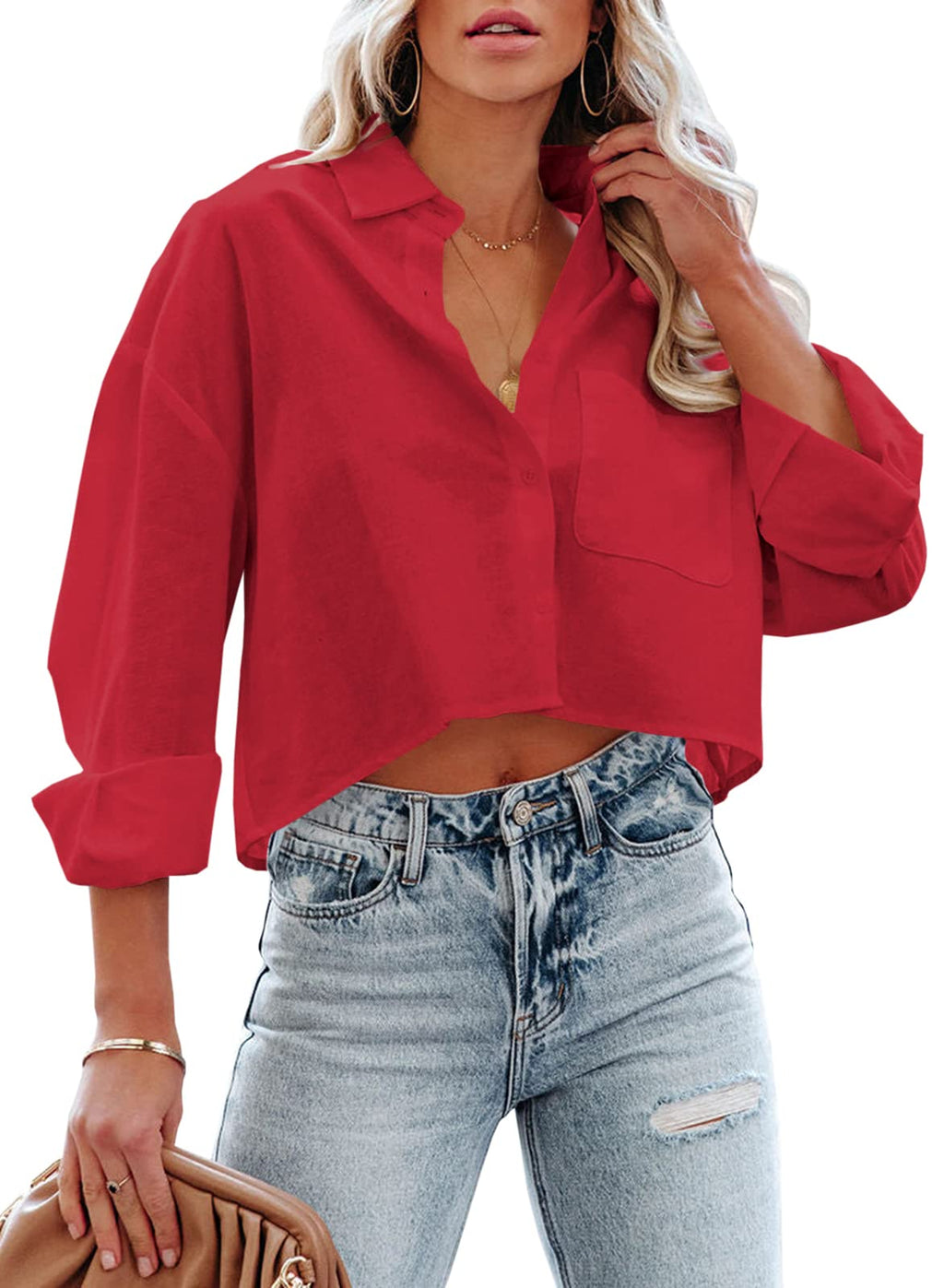 Tankaneo Womens Button Down Cropped Shirts Long Sleeve Crop Tops Blouses