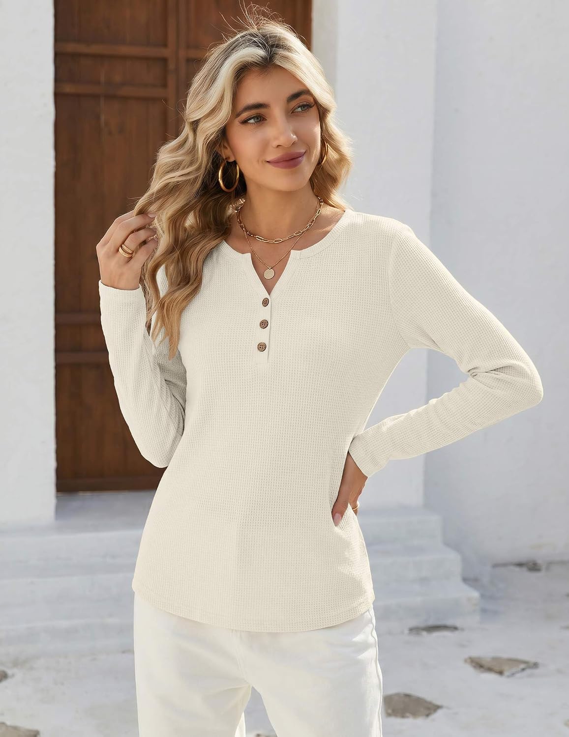 Zeagoo Women's Long Sleeve Waffle Knit Tops 2026 Fall Henley V Neck Shirts