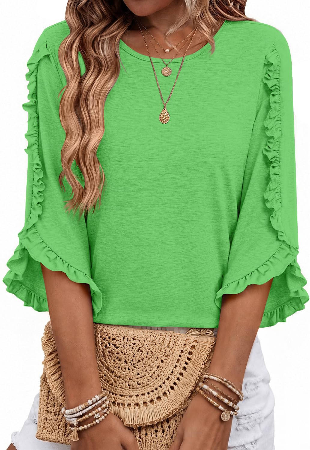 3/4 Length Sleeve Womens Tops Crewneck Ruffle Sleeve Shirts Dressy Casual Blouse Summer Fall Fashion Business Outfit