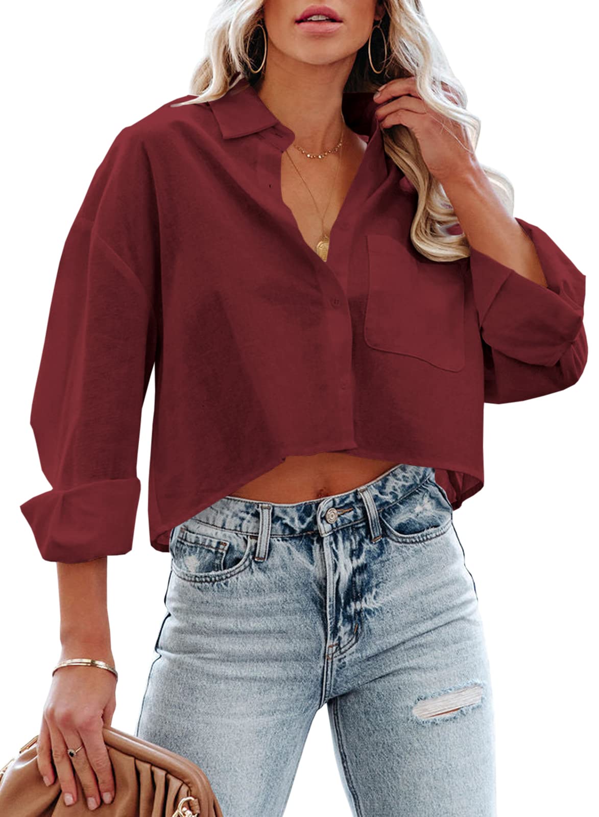 Tankaneo Womens Button Down Cropped Shirts Long Sleeve Crop Tops Blouses