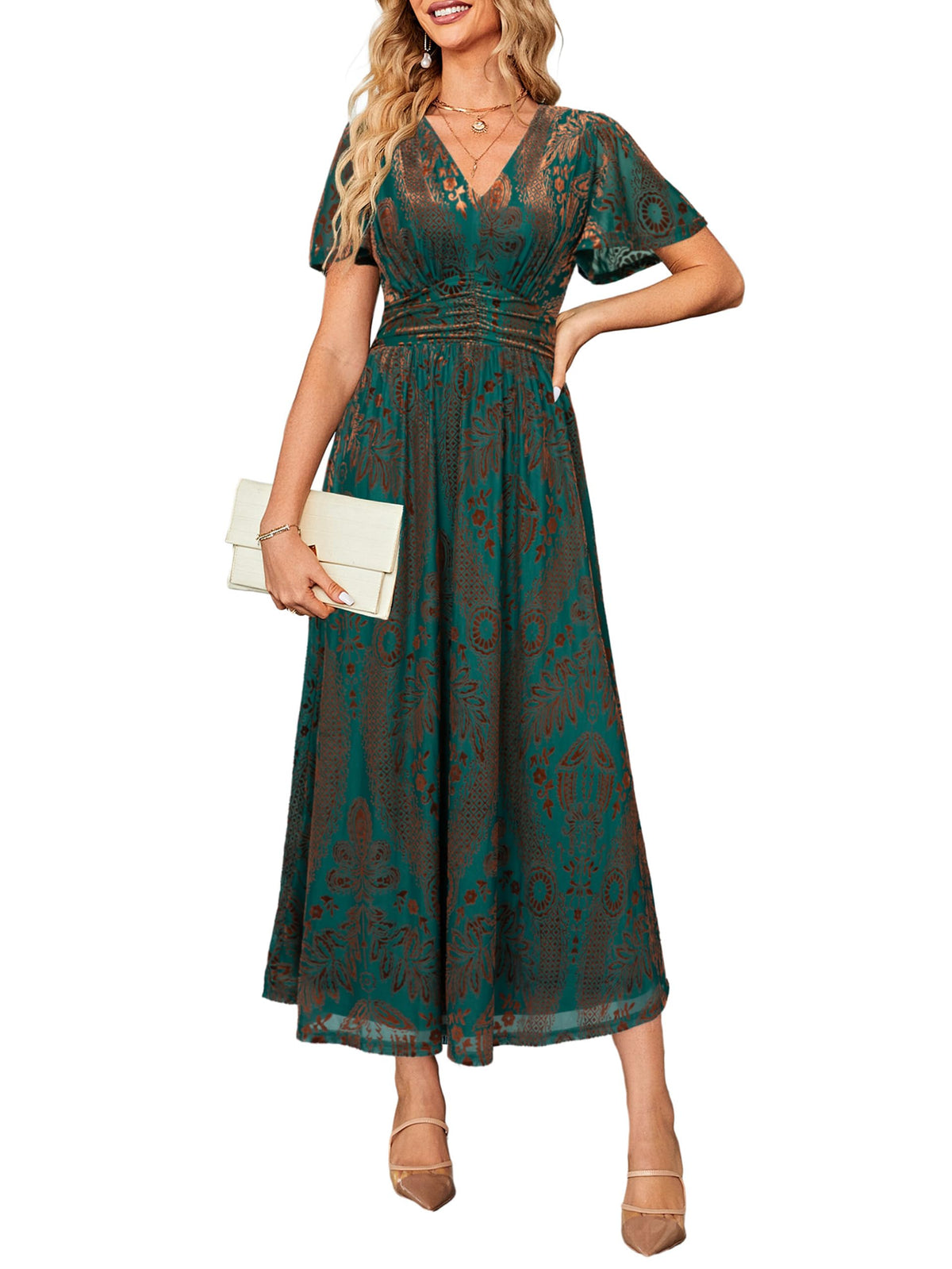 Simplee Women’s V Neck Velvet Maxi Dress Short Sleeve Empire Waist Long Formal Dress for Wedding Guest