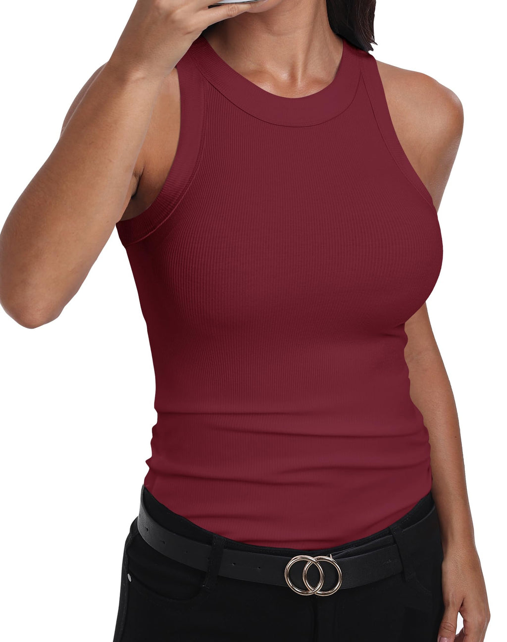 GEMBERA Womens Sleeveless Racerback High Neck Casual Basic Cotton Ribbed Fitted Tank Top