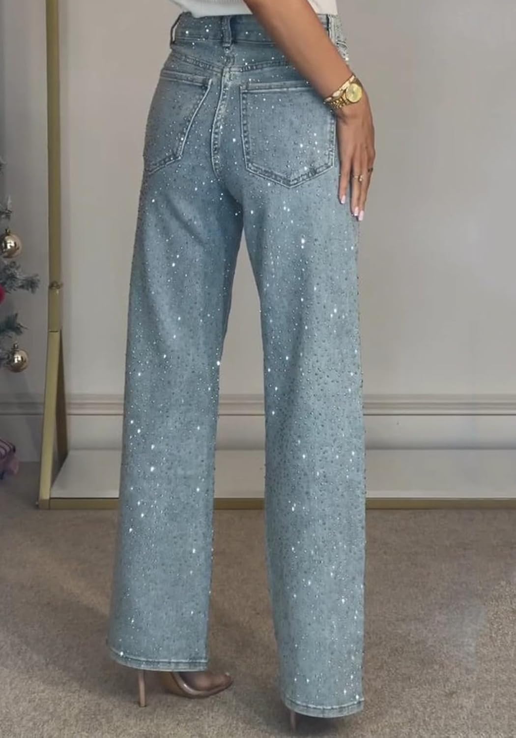 Famnbro Womens Rhinestone Jeans Baggy Y2K Wide Leg Sparkly Denim Pants