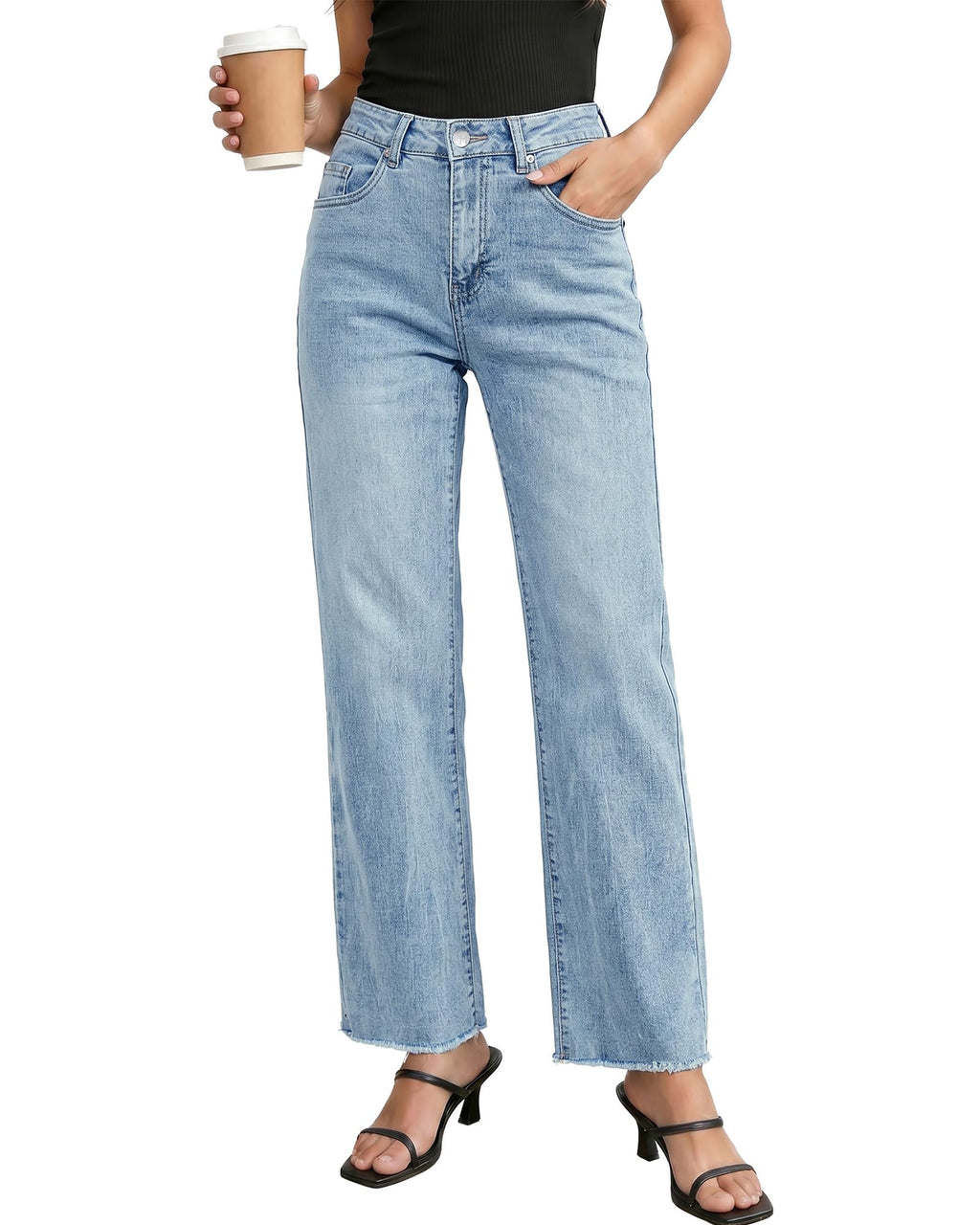 GRAPENT Straight Leg Jeans for Women High Waisted Stretchy Frayed Raw Hem Loose Denim Pants Casual Baggy Jean Trousers