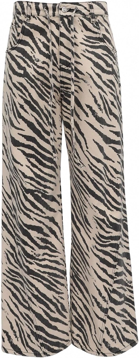 Unisex Y2K Striped Zebra Print Baggy Jeans High Waist Drawstring