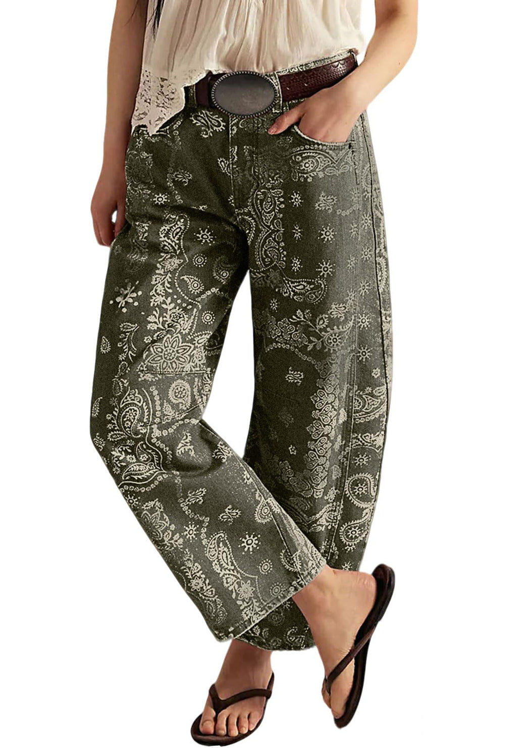 loveimgs Women Boyfriend Baggy Barrel Jeans Floral Print Denim Ankle Pants Wide Leg Mid Rise Jeans Sweatpants Y2k Patchwork