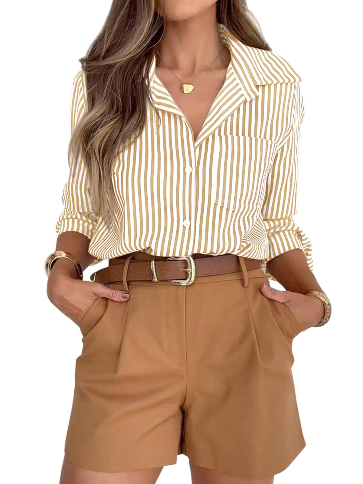 siliteelon Button Down Striped Shirts for Women Work Collared Dress Blouses
