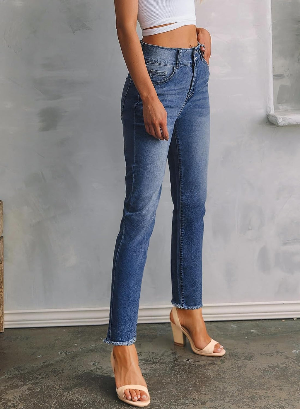 Sidefeel Women's High Waisted Raw Hem Straight Leg Jeans