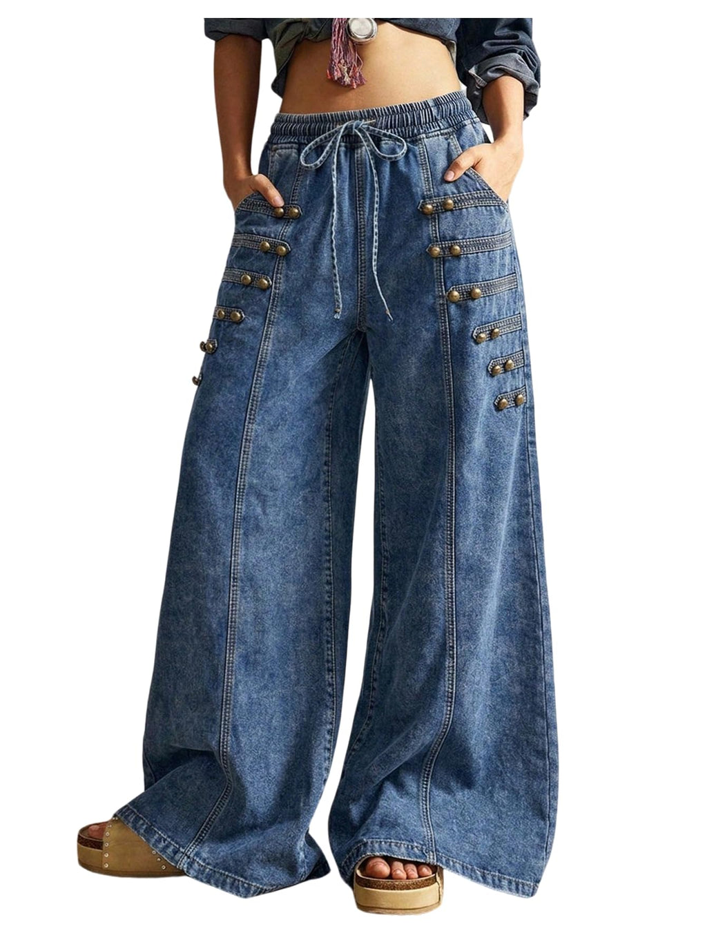 BEAUDRM Women's Y2K Baggy Jeans Wide Leg Jeans Denim Boho Pants