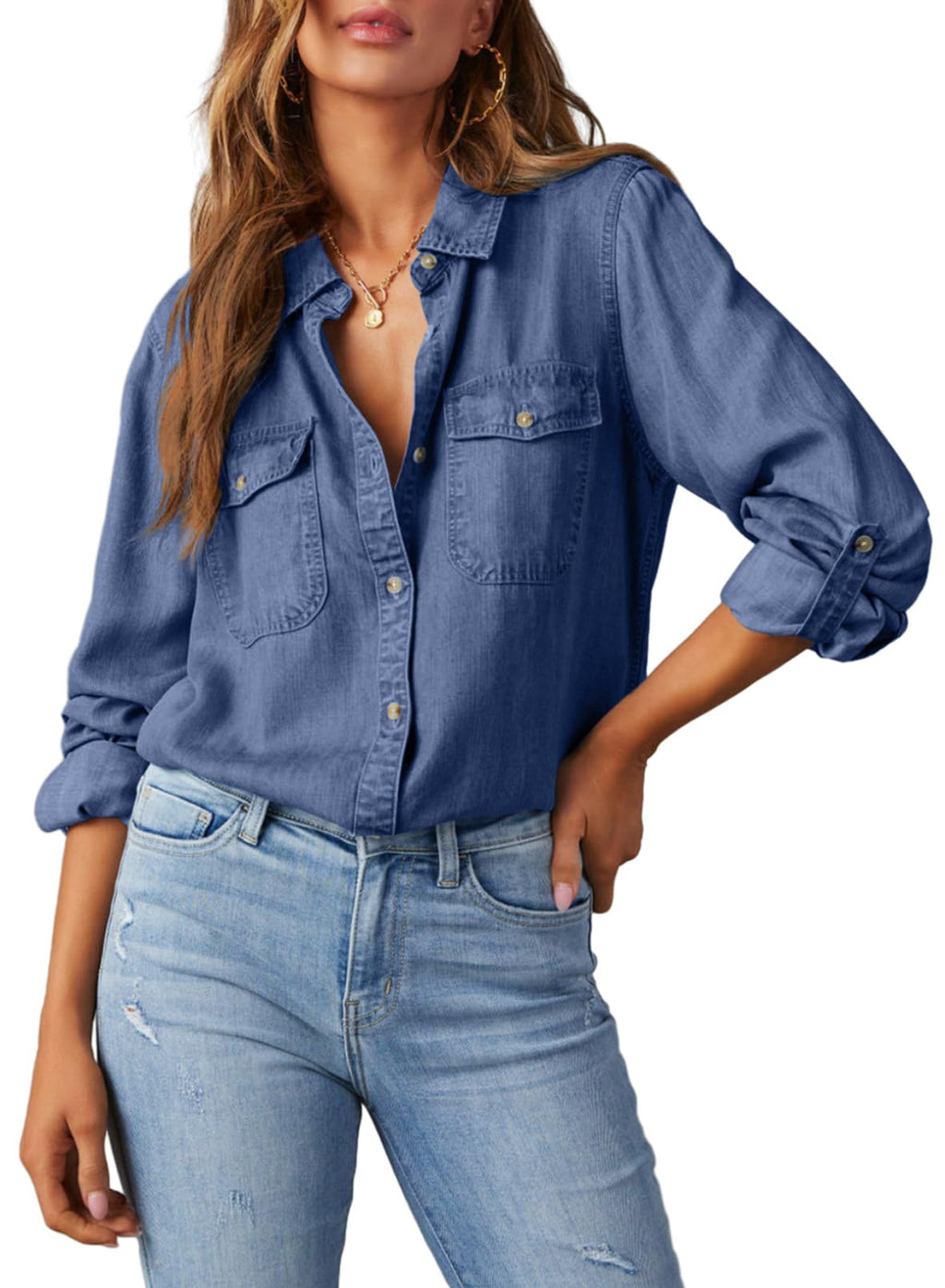 Astylish Women Denim Button Down Shirts Chambray Blouse Top