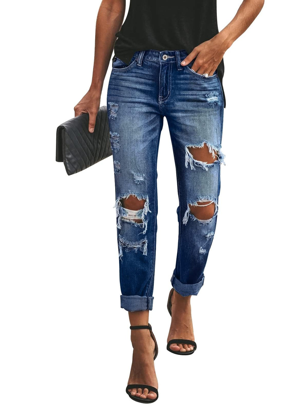 KUNMI Women's Ripped Mid Waisted Boyfriend Jeans Loose Fit Distressed Stretchy Denim Pants