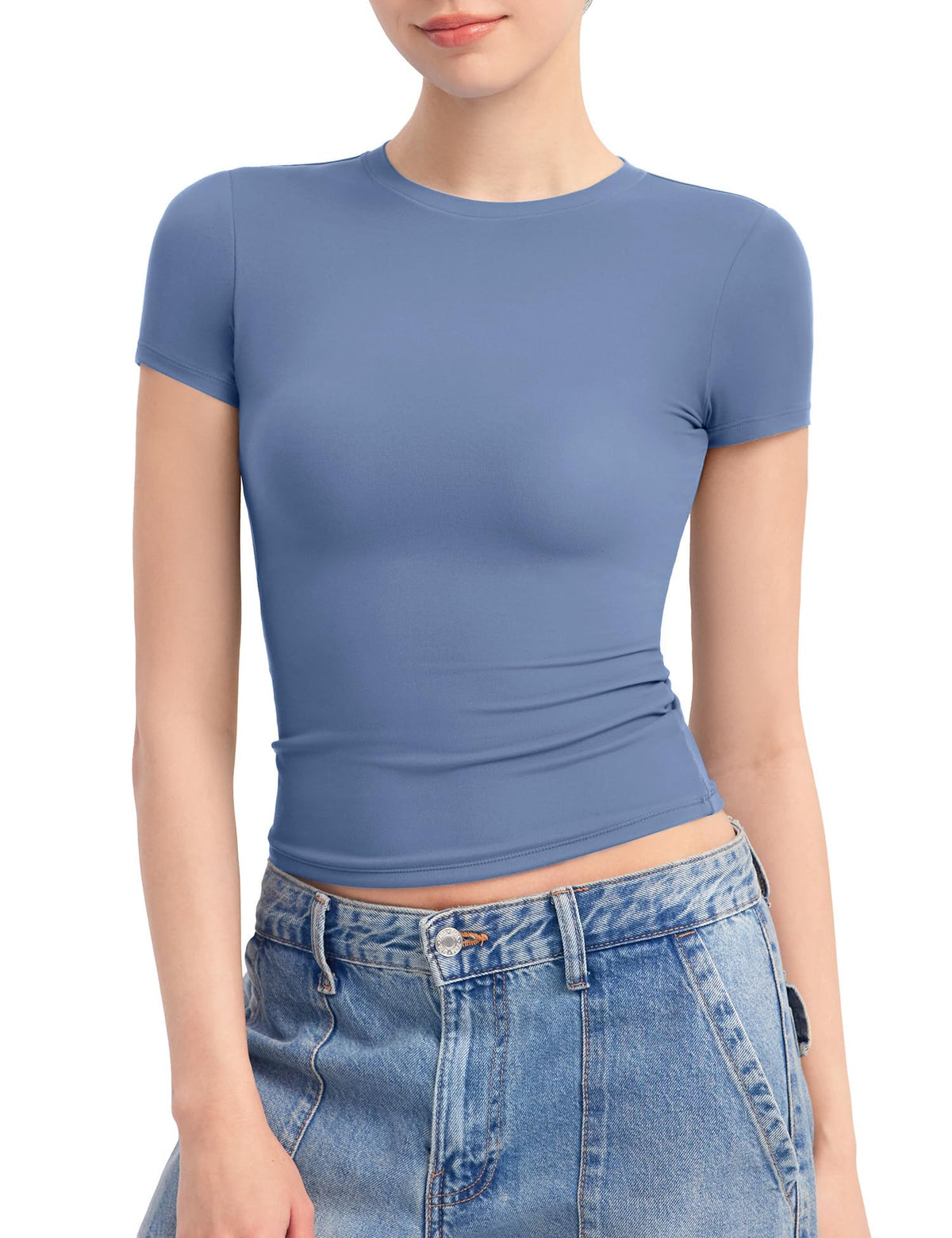 PUMIEY Women's Crew Neck Short Sleeve Tops Double Lined Slim Fit T Shirts Basic Tee Smoke Cloud Pro Collection