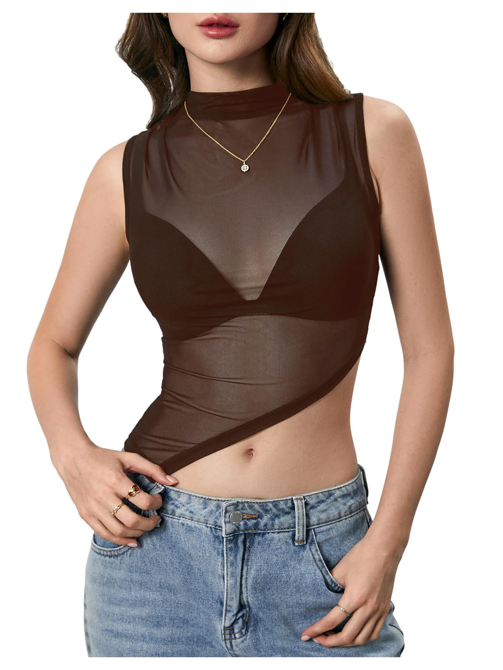 RoseSeek Women's Sheer Mesh Mock Neck Crop Tank Tops Summer Going Out Tops