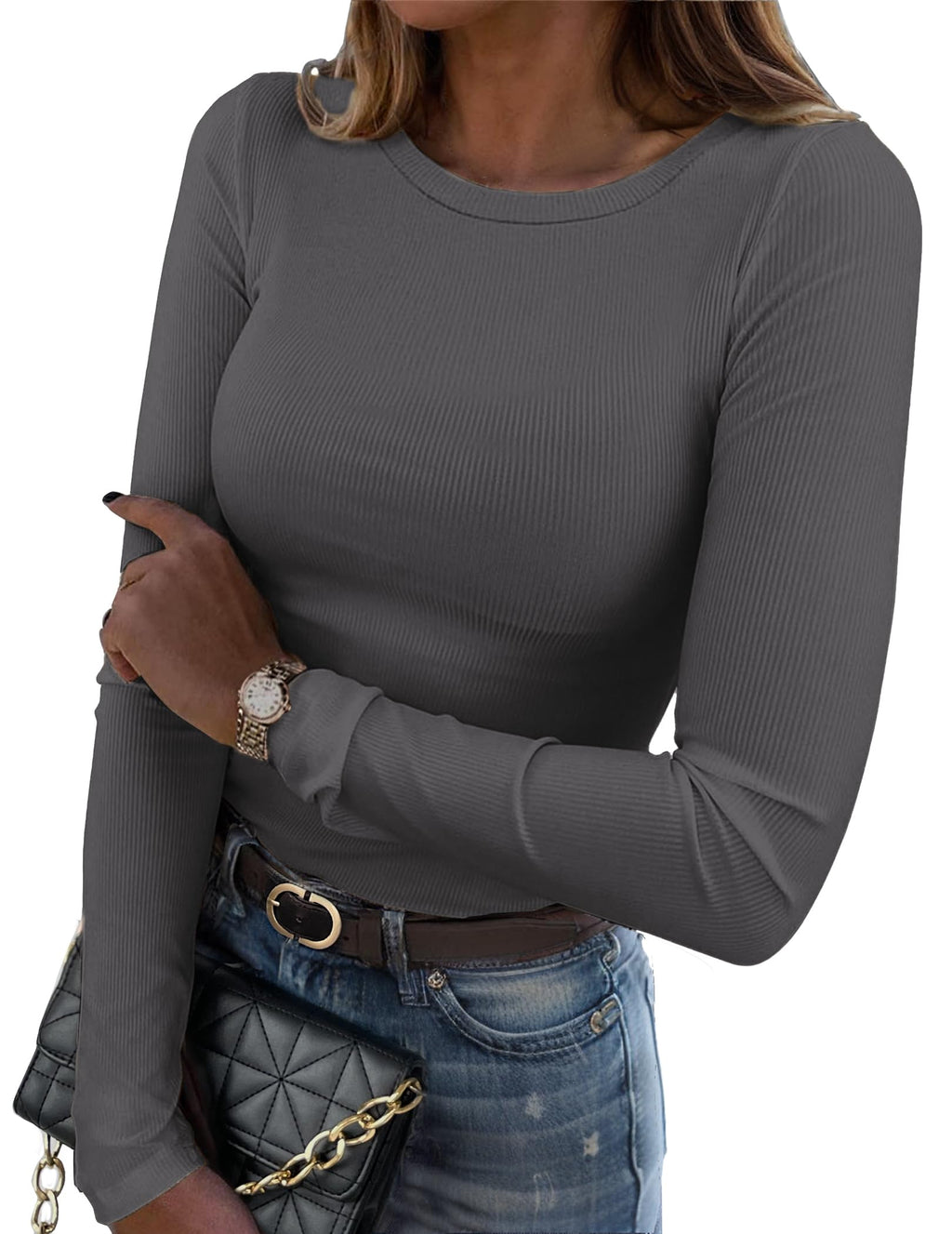 Zeagoo Women Long Sleeve Shirts Ribbed Slim Fit Tops Crewneck Basic Tee
