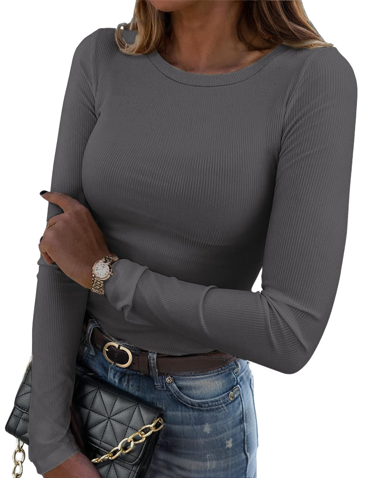 Zeagoo Women Long Sleeve Shirts Ribbed Slim Fit Tops Crewneck Basic Tee