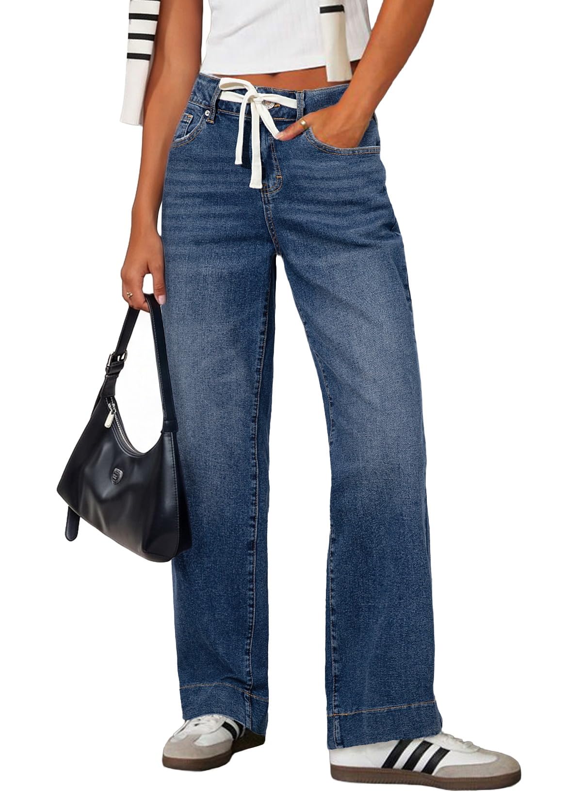 Sidefeel Women's High Waisted Straight Leg Jeans Drawstring Denim Pants