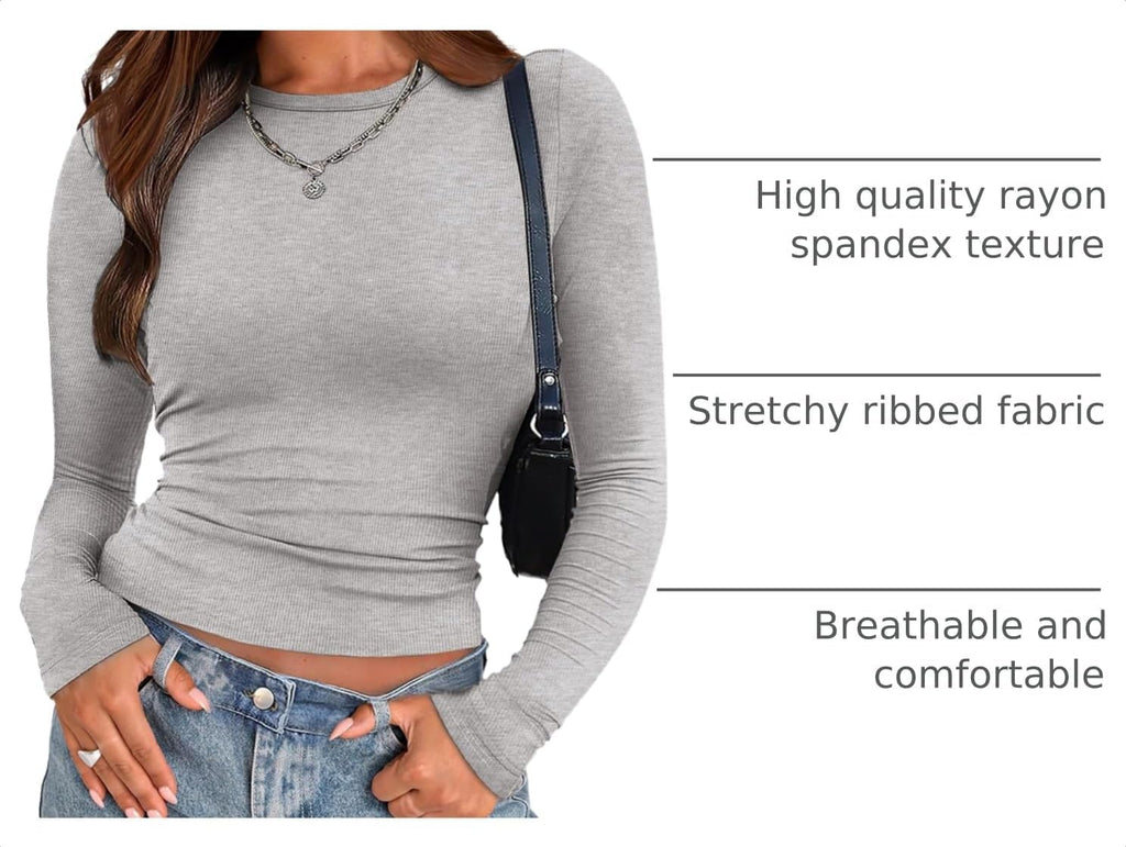 Zeagoo Women Long Sleeve Shirts Ribbed Slim Fit Tops Crewneck Basic Tee
