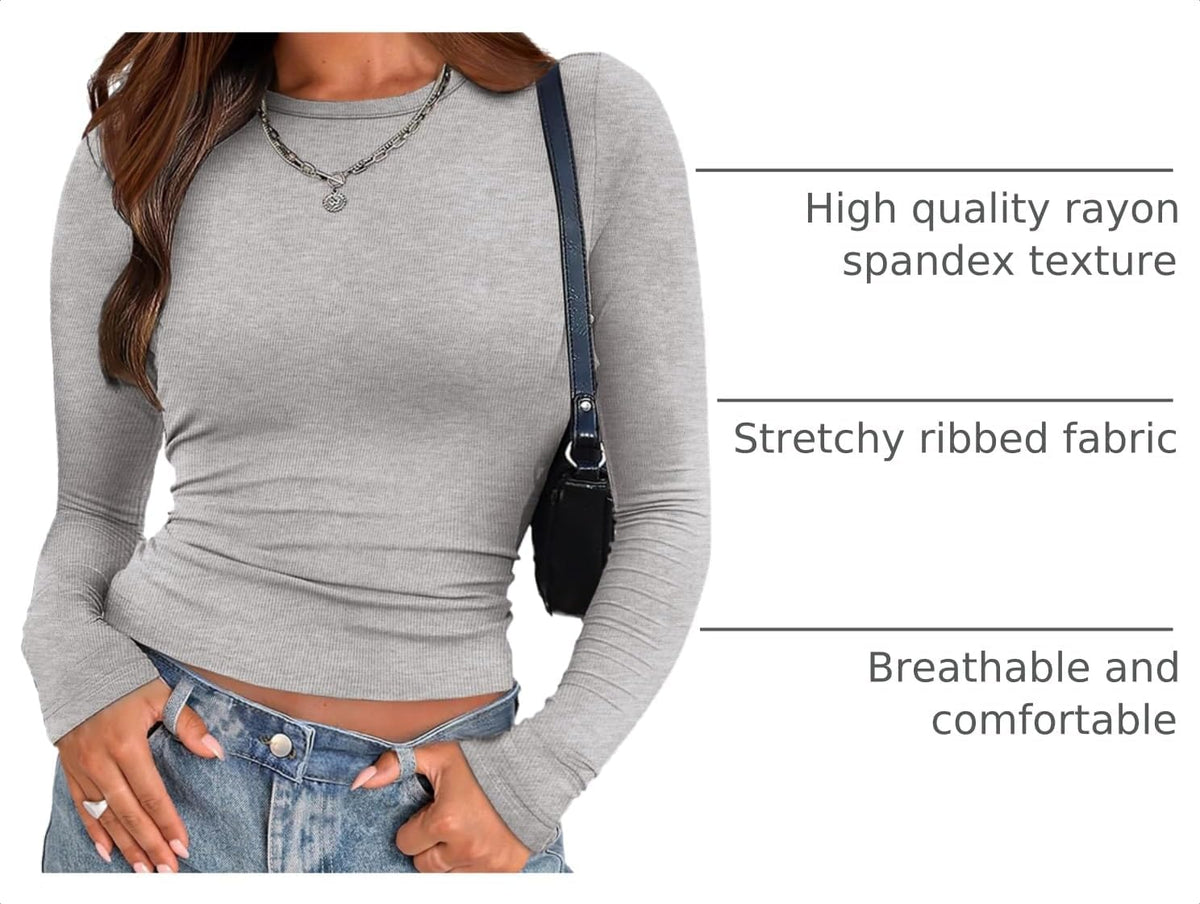 Zeagoo Women Long Sleeve Shirts Ribbed Slim Fit Tops Crewneck Basic Tee