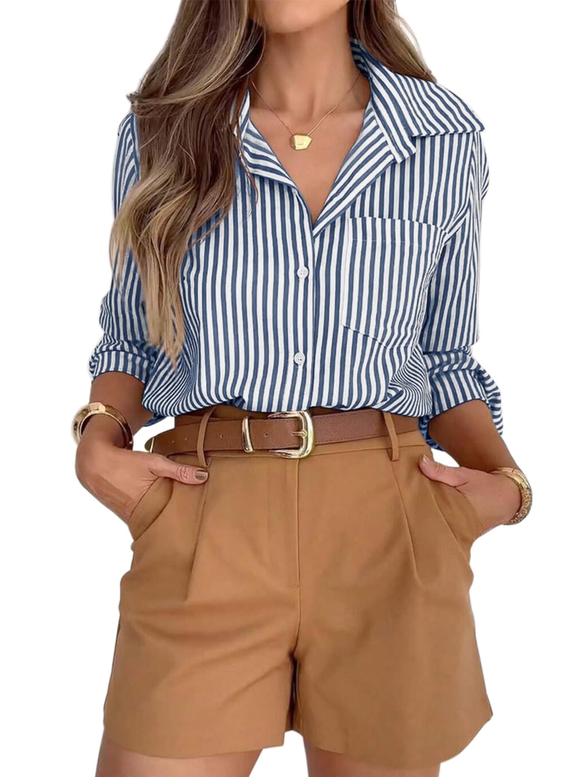 siliteelon Button Down Striped Shirts for Women Work Collared Dress Blouses