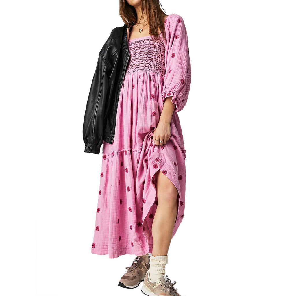 ABYOVRT Women Floral Embroidered Maxi Dress Long Puff Sleeve Square Neck Bohemian Flowy Dress with Pockets Summer Fall