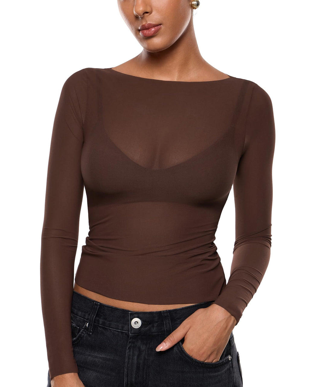INLYRIC Women's Mesh Sheer Boat Neck Long Sleeve Tops