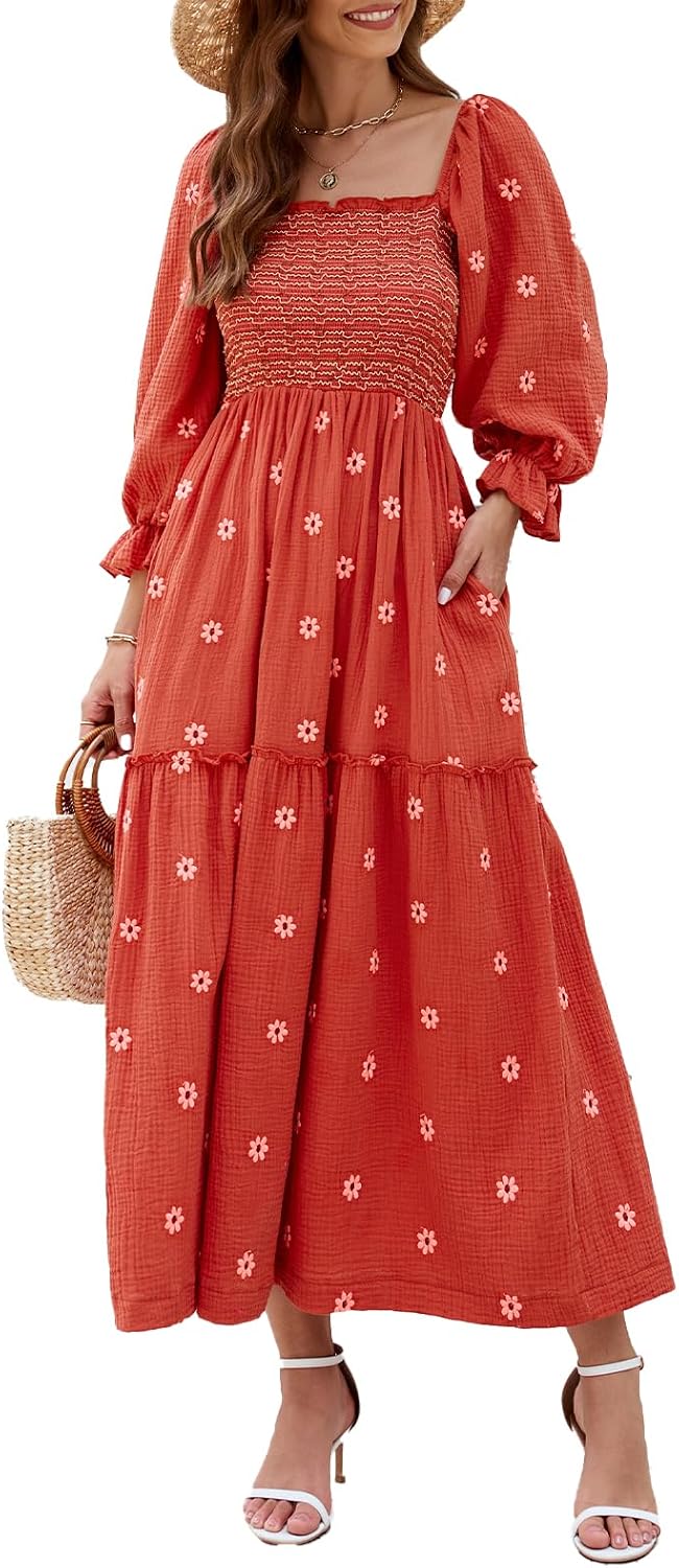 ABYOVRT Women Floral Embroidered Maxi Dress Long Puff Sleeve Square Neck Bohemian Flowy Dress with Pockets Summer Fall