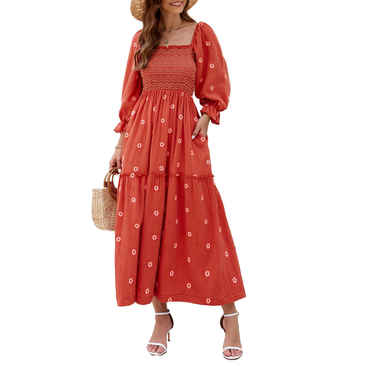 ABYOVRT Women Floral Embroidered Maxi Dress Long Puff Sleeve Square Neck Bohemian Flowy Dress with Pockets Summer Fall